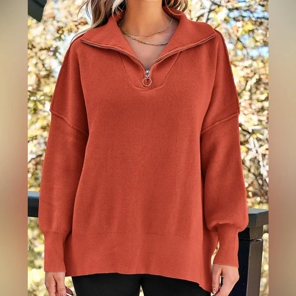 LILLUSORY Women's Oversized Sweater Zip Up Collared Sweatshirt Knit Pullover - Picture 2 of 4